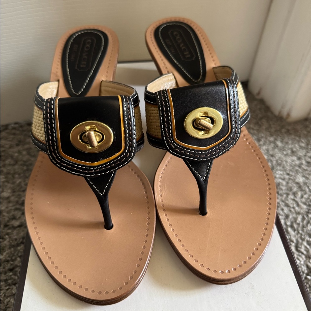 Coach Black and Tan Thong Sandals with Gold Turnlock